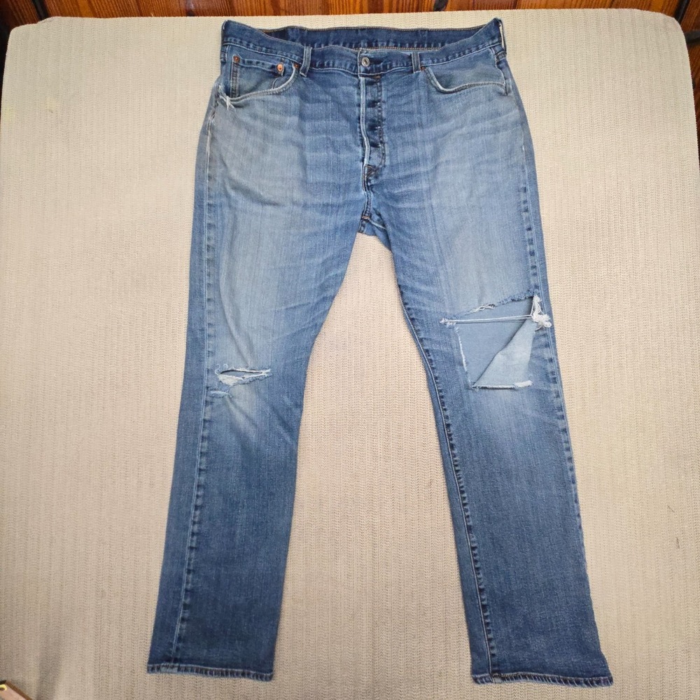 Levis 501 Jeans Mens 38x34 Blue Denim Button Fly Distressed Destroyed Grunge